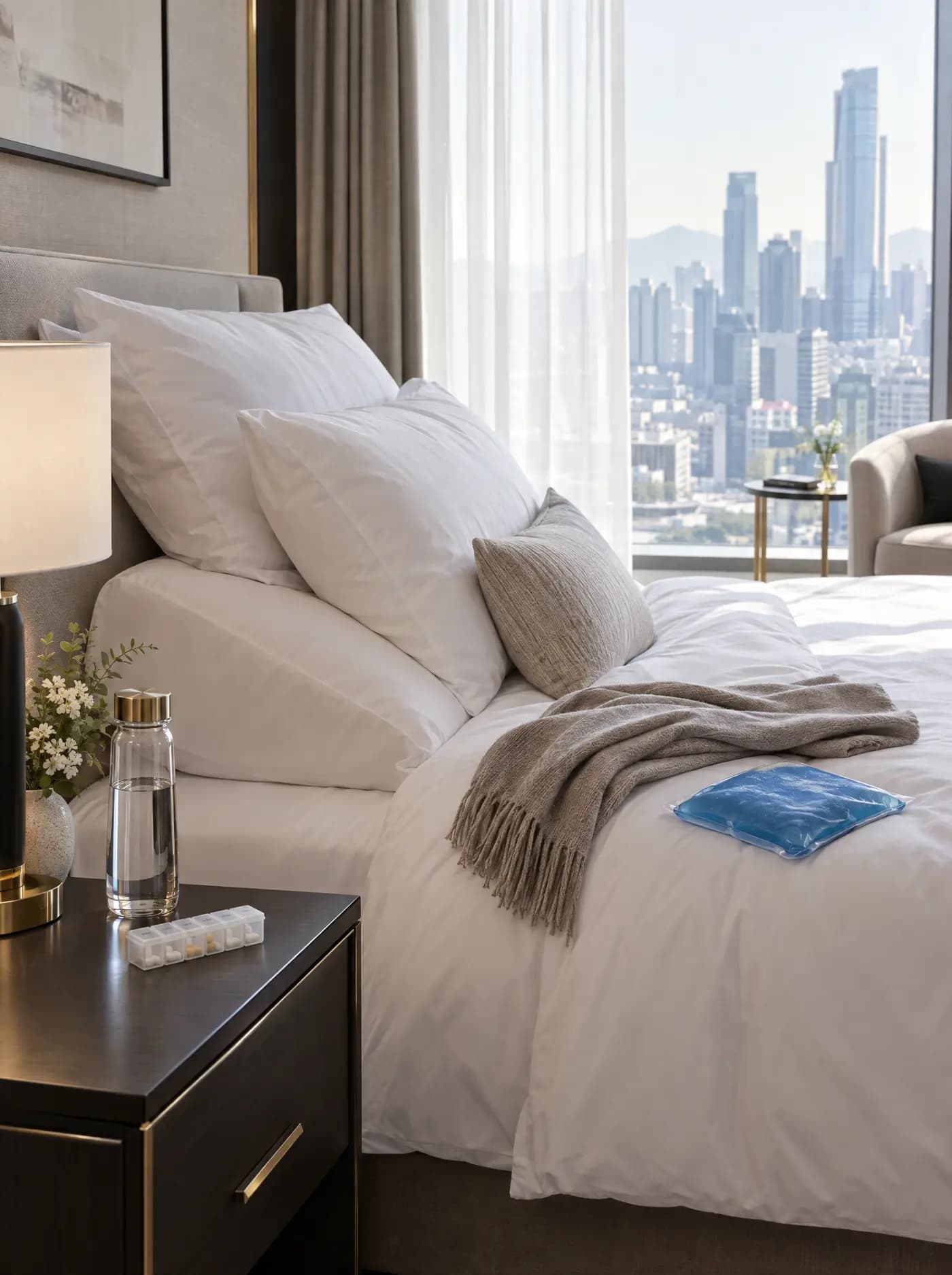 Bilik hotel yang tenang dengan bantal disusun tinggi, pek sejuk di atas katil dan pemandangan bandar di luar tingkap