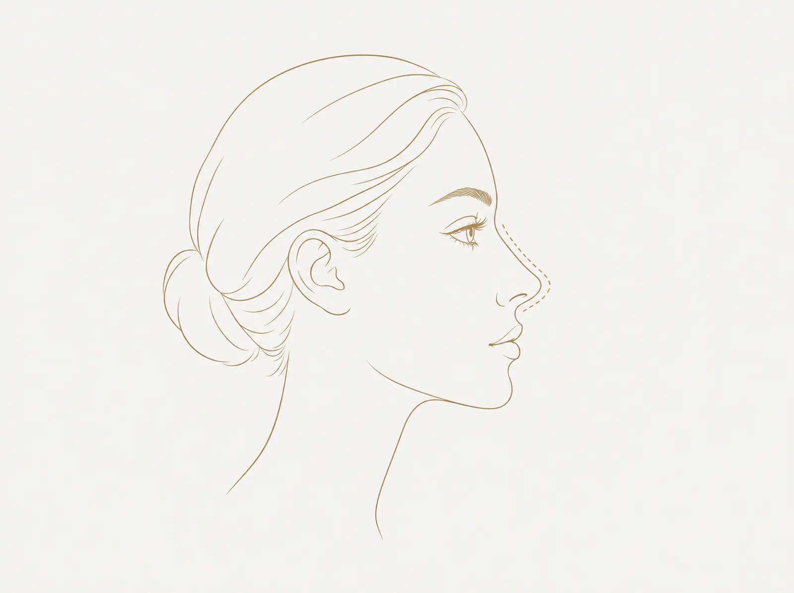 Line drawing of a woman’s face in profile, with a dashed line running just outside the nose from between the eyes down around the tip.