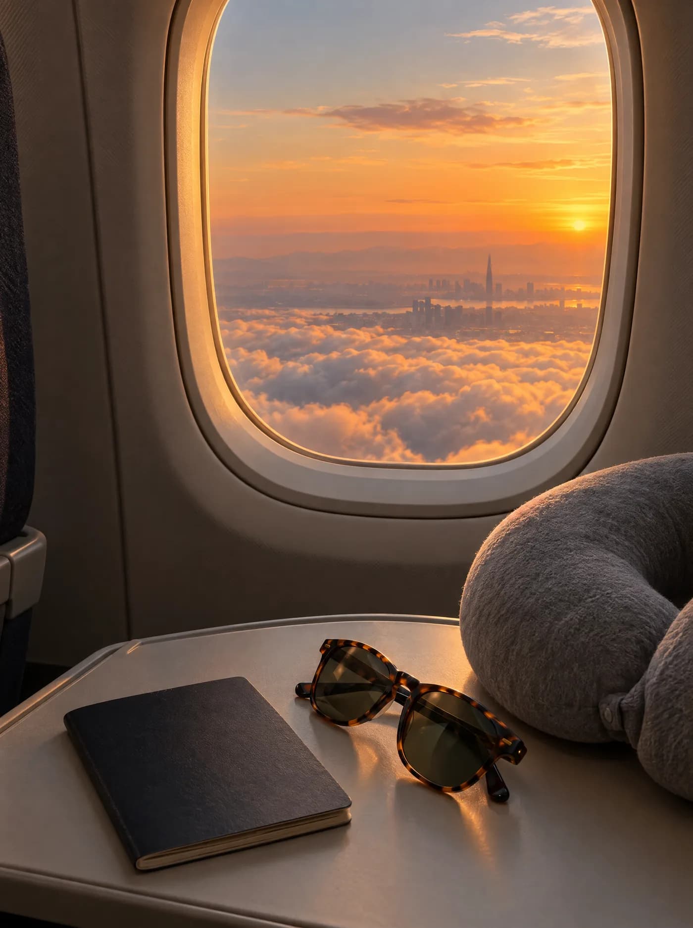 Tingkap pesawat ketika matahari terbenam di atas awan dan bandar yang jauh, dengan buku nota gelap, cermin mata hitam dan bantal leher di atas meja lipat