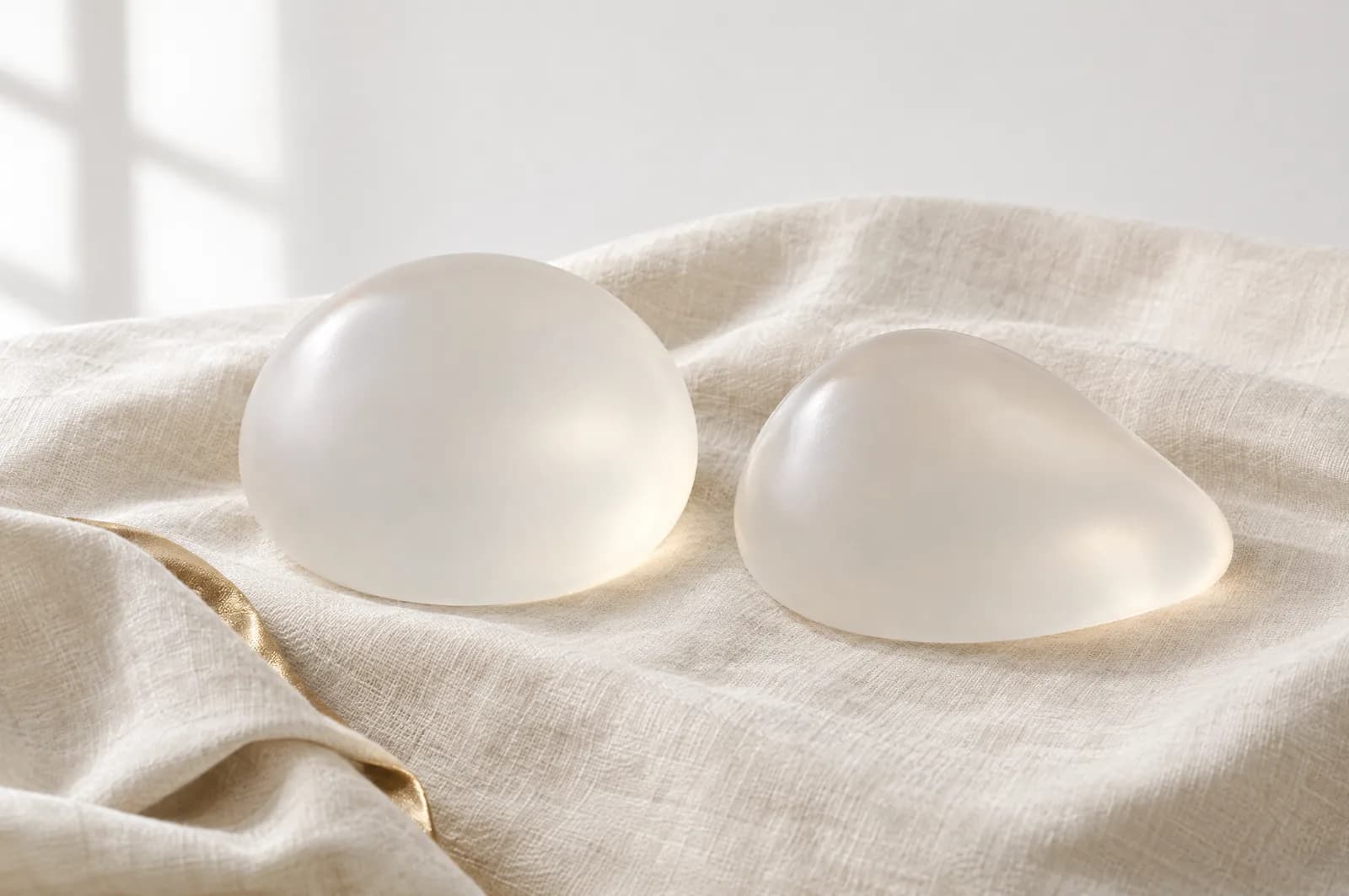 Hai túi ngực silicone đặt trên vải lanh màu nhạt dưới ánh sáng dịu từ cửa sổ, một túi dáng tròn và một túi hình giọt nước.