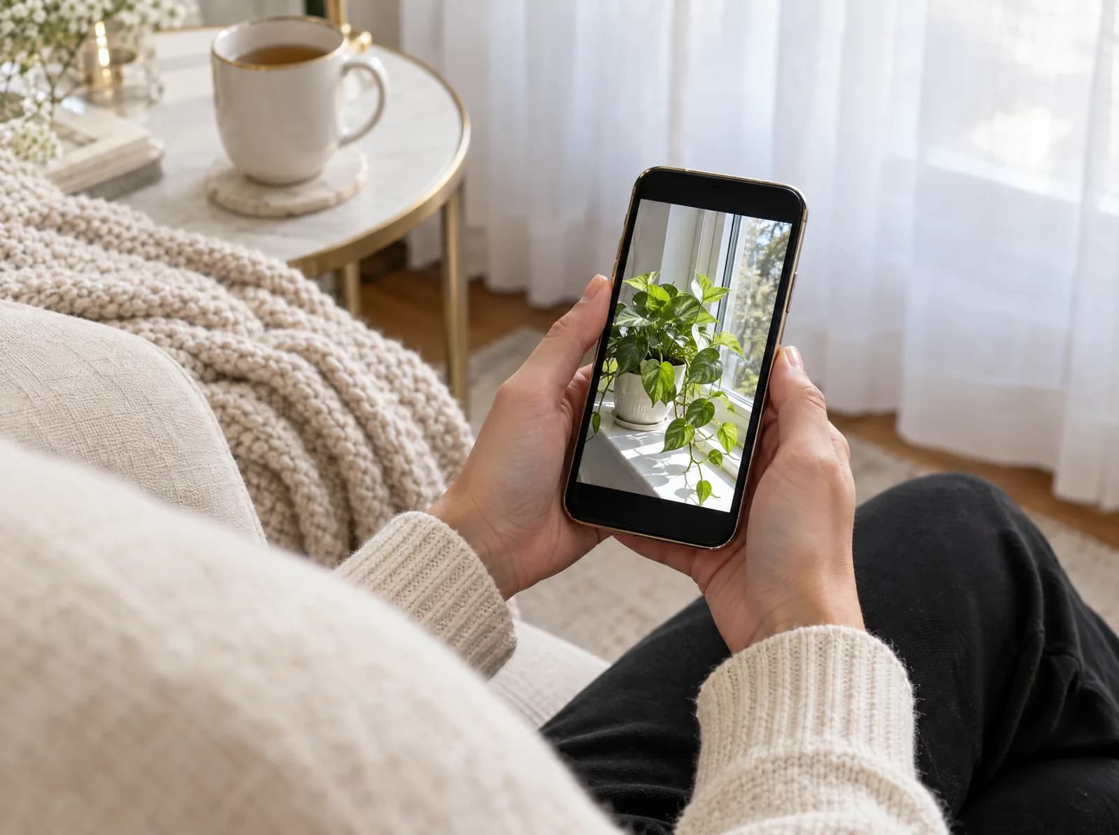 Tangan memegang telefon yang memaparkan foto pokok dalam pasu, di atas sofa linen di rumah dengan teh berdekatan