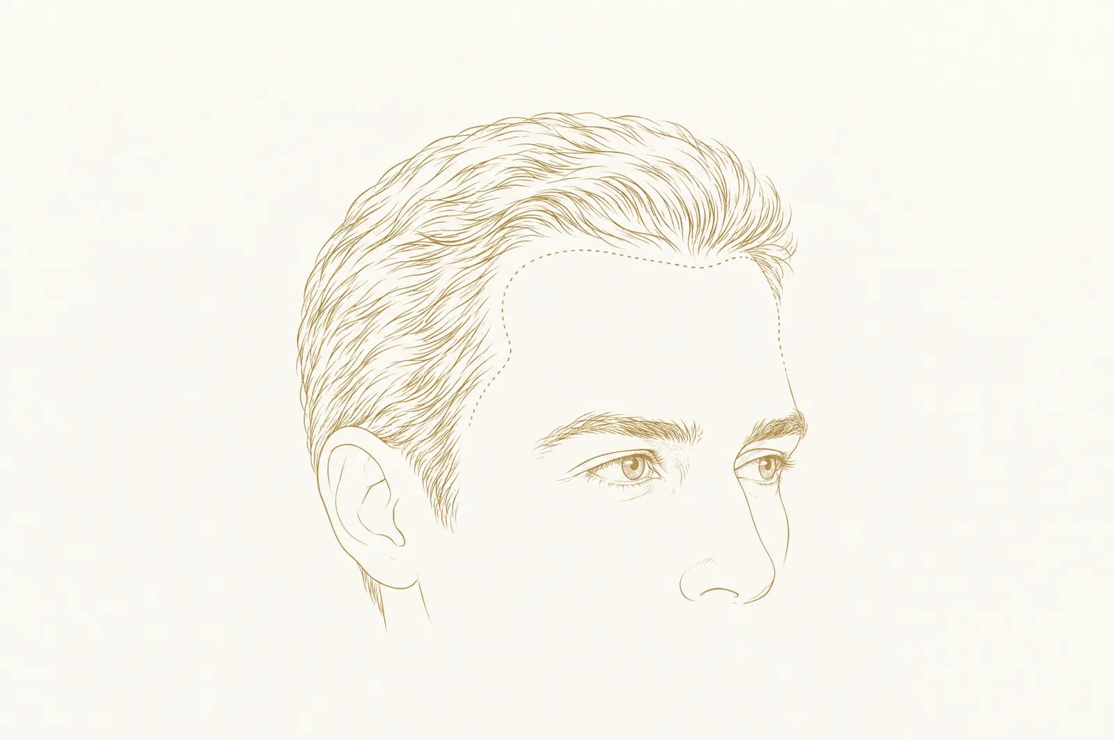 Line drawing of a man’s head in three-quarter view, with a dotted line tracing the hairline across the forehead and back at the temples.