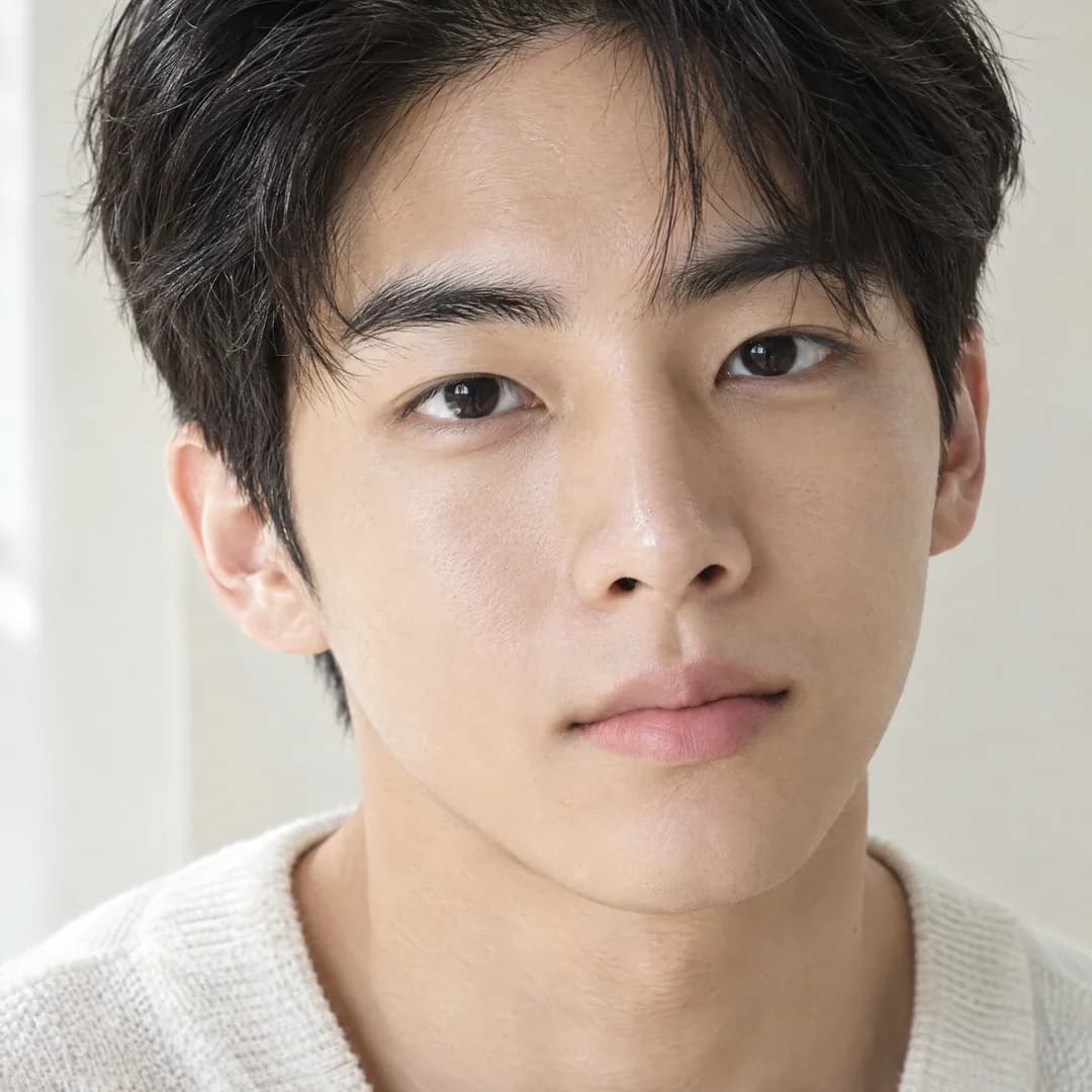 すっきりとした肌で、落ち着いた表情の若い韓国人男性の顔のアップ。