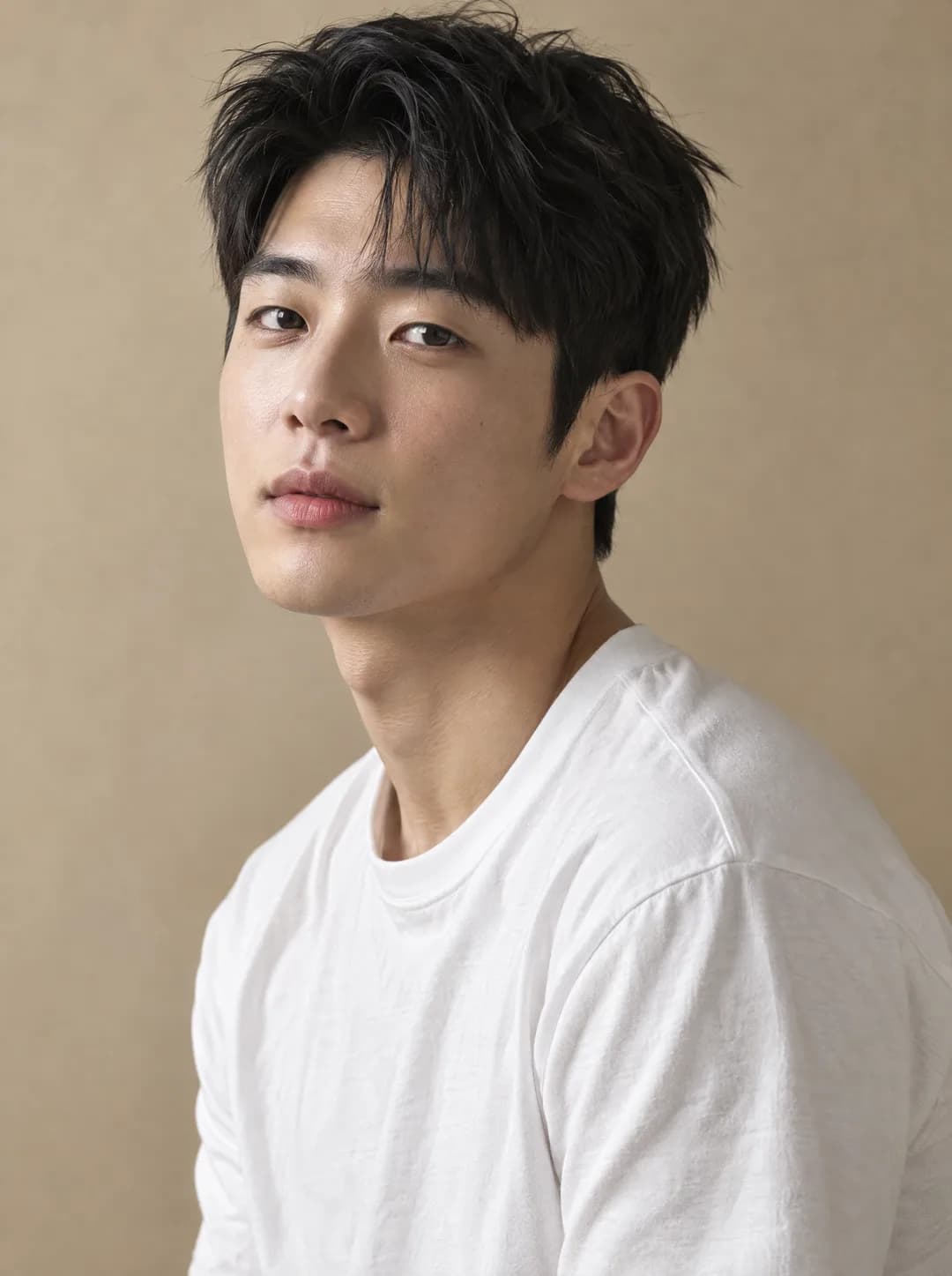 白いTシャツを着た、動きのある黒髪の若い韓国人男性の斜め45度のポートレート。