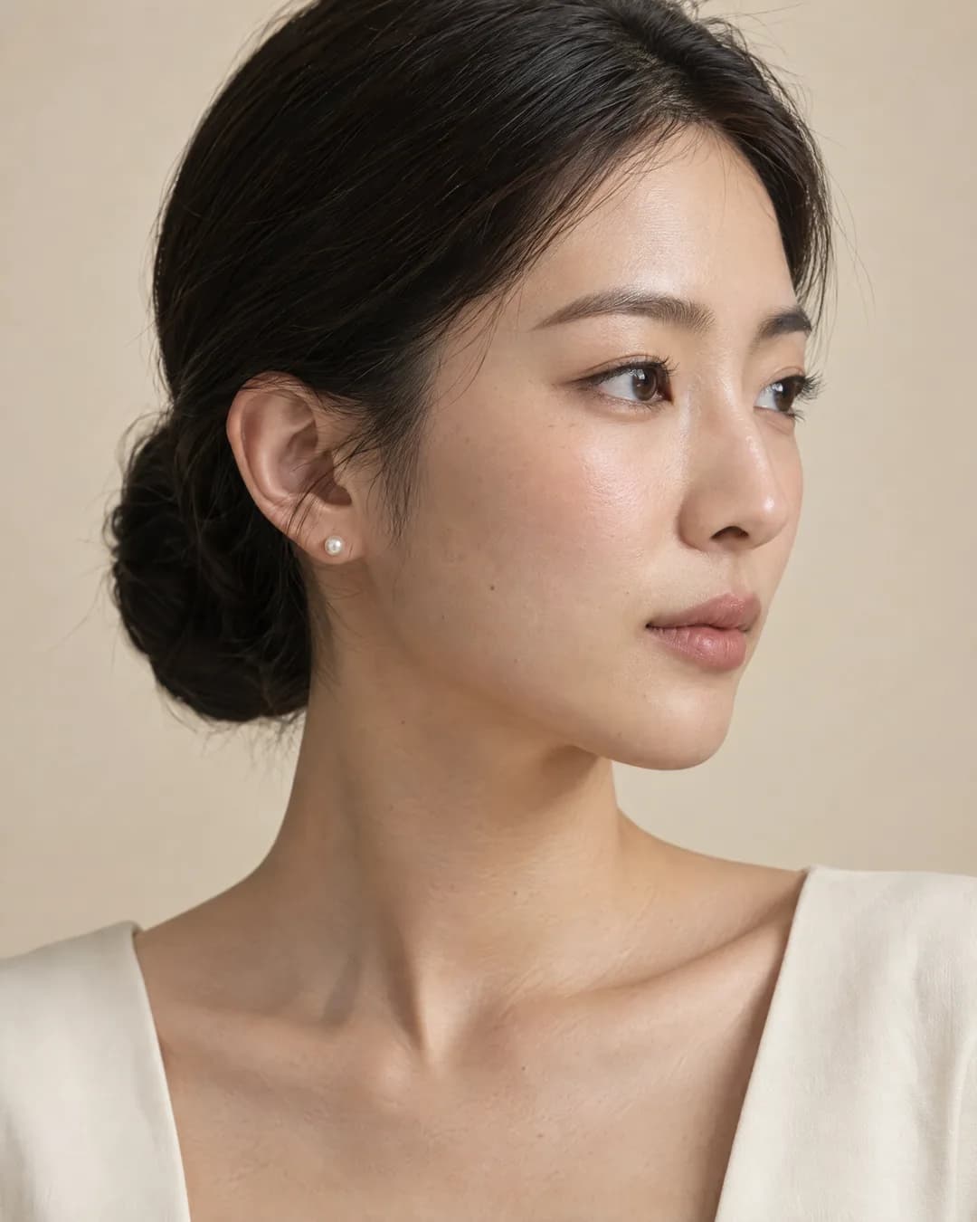 ภาพมุมสามในสี่ของหญิงสาวเกล้าผมมวยต่ำ ใส่ต่างหูมุกเม็ดเล็ก มองไปด้านข้าง