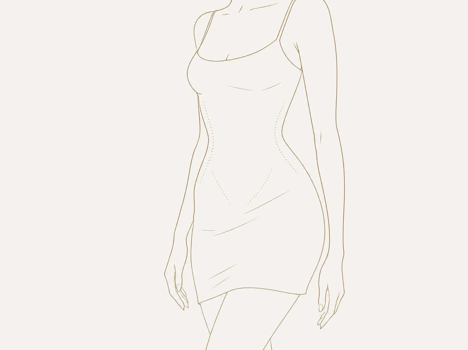 Line drawing of a woman in a slip dress, with dotted lines along both sides of the waist and two dotted lines curving toward the lower belly.