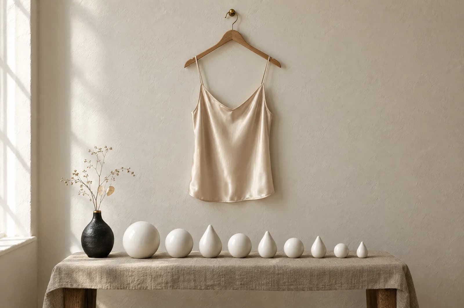 A champagne silk camisole on a wooden hanger above a row of white porcelain pebbles, round and teardrop-shaped, in graduated sizes on a linen-covered bench