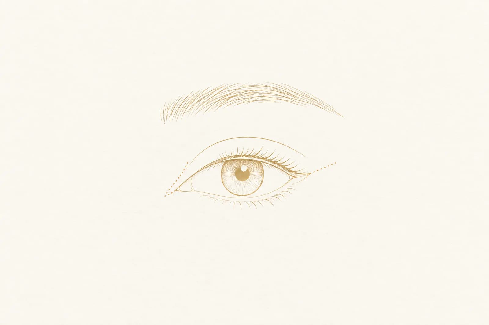 Line drawing of an eye with its eyebrow, with a dotted line at the inner corner and a dotted line running out from the outer corner.