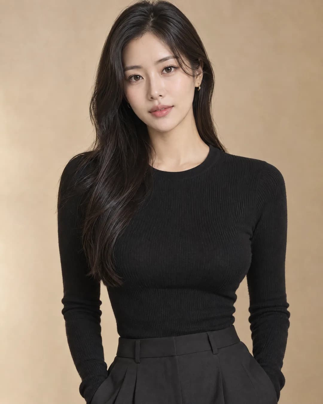 あたたかなベージュの背景の前に立つ、長い黒髪の韓国人女性。体に沿う黒のニットトップスにハイウエストのパンツを合わせている。