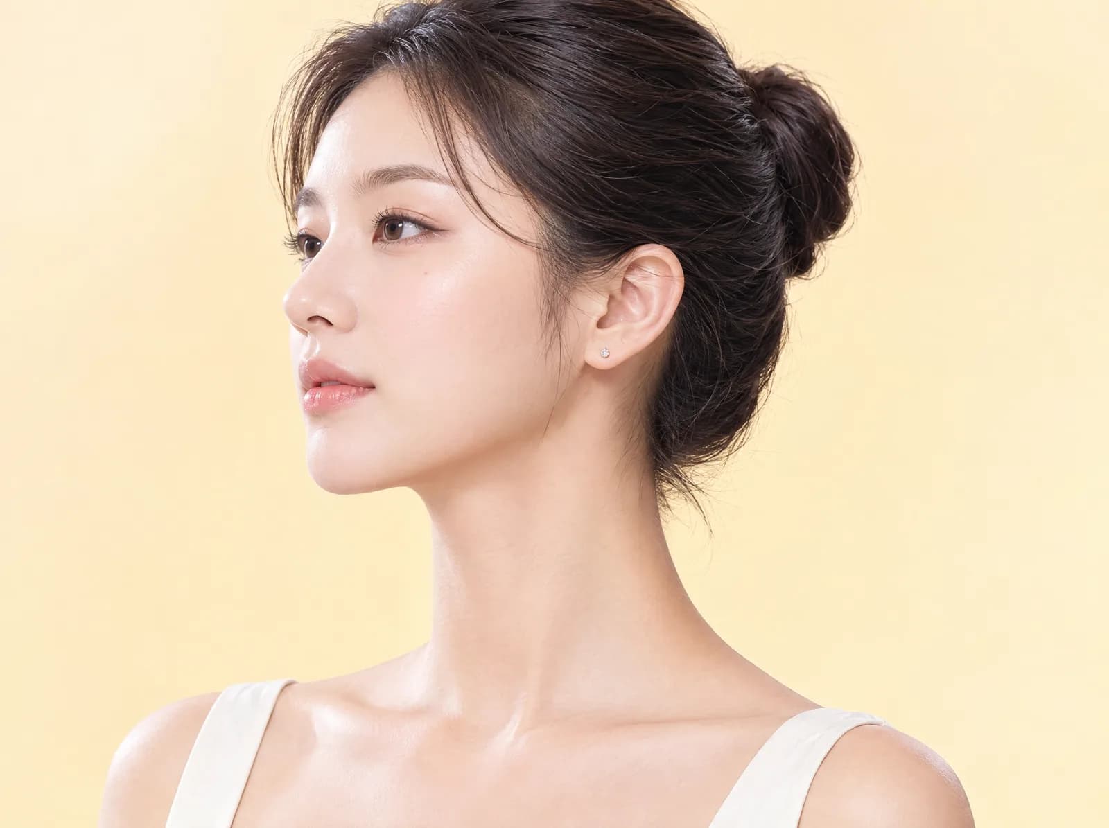 Gương mặt nhìn nghiêng của một cô gái Hàn Quốc trẻ, tóc búi, trên nền màu vàng kem ấm.